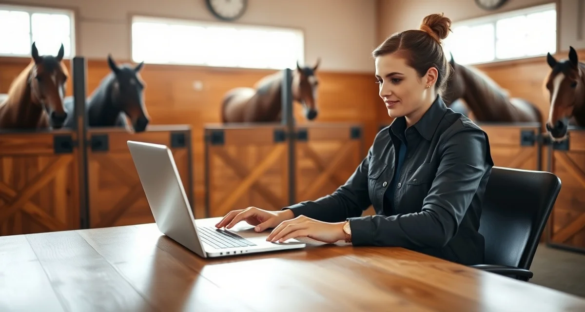 Horse barn management software interface displayed on laptop in Tennessee equine facility office with organized workspace