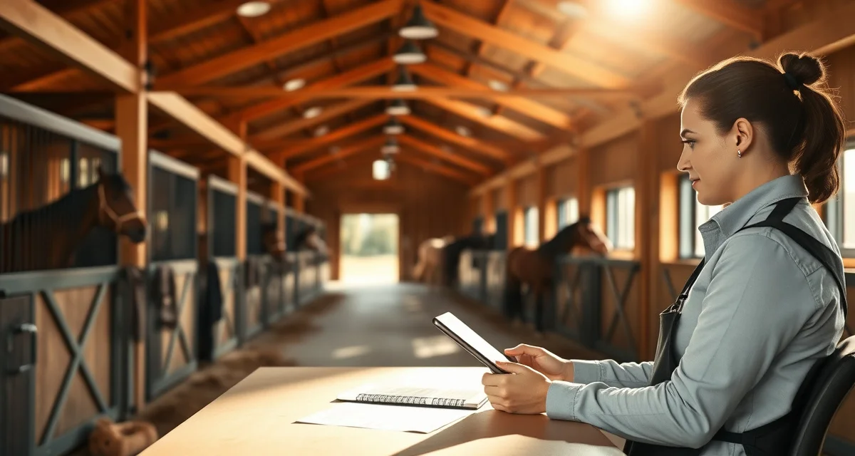 Horse barn management software interface displayed on tablet in modern Washington equine facility with organized stalls and digital record-keeping