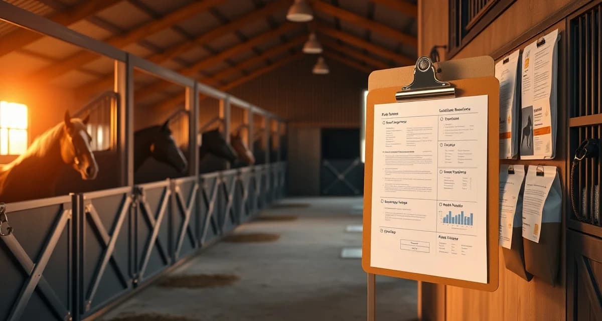 Horse barn management statistics dashboard showing key performance metrics for equine facility operations and staff management.
