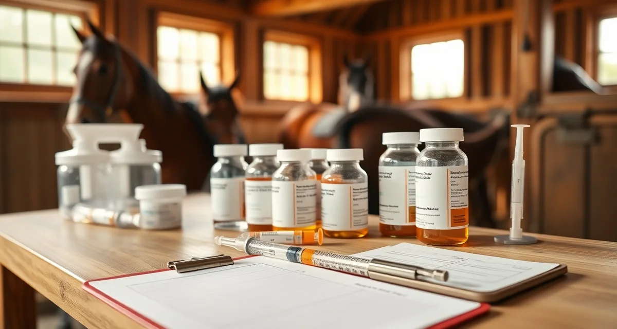 Organized horse barn medication station with labeled bottles, syringes, and documentation log for preventing administration errors.