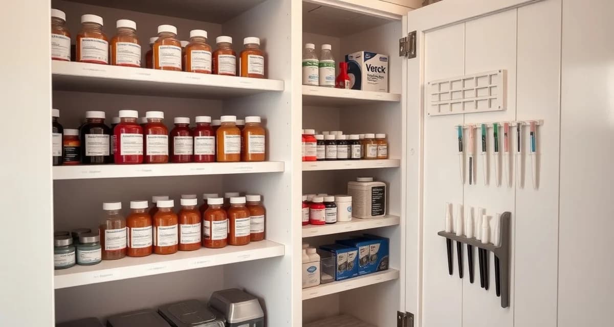 Organized medication inventory storage system in a horse barn with labeled shelves and properly arranged veterinary supplies
