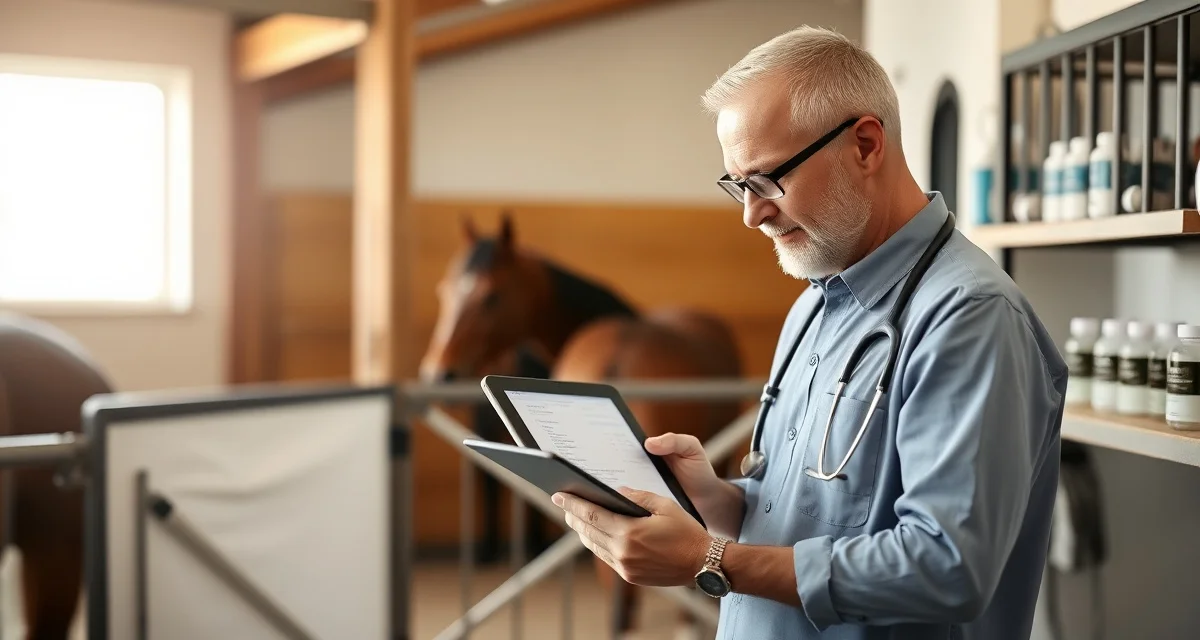 Digital medication administration log displayed on tablet in horse barn setting with organized supplies