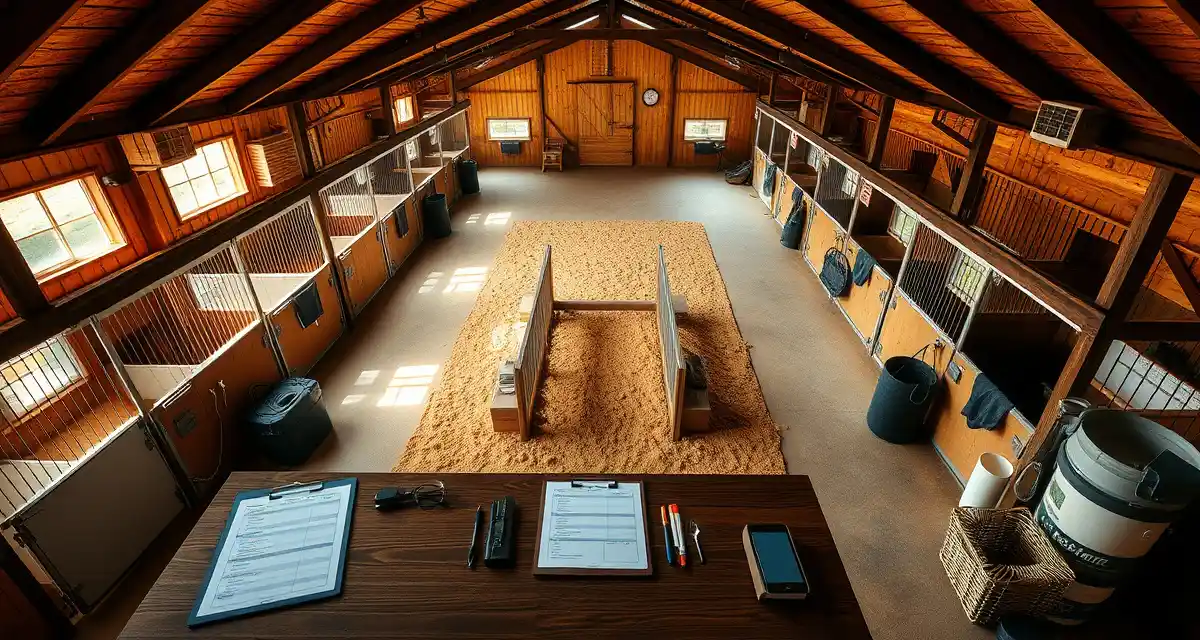 Organized horse barn interior showing stalls, feed storage, and management systems for equestrian facility operations