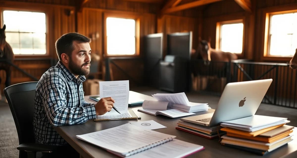 Organized horse barn operations manual documentation and standard procedures displayed on desk for staff training.