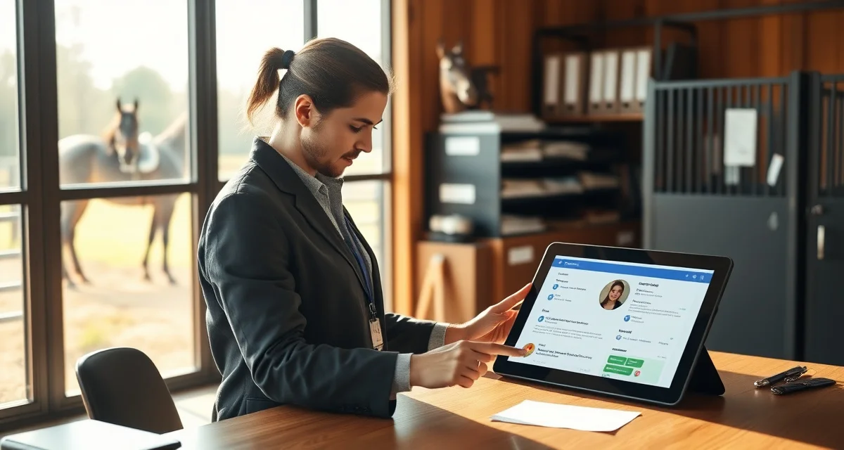 Barn manager using horse owner communication portal app on tablet in stable environment with digital notifications