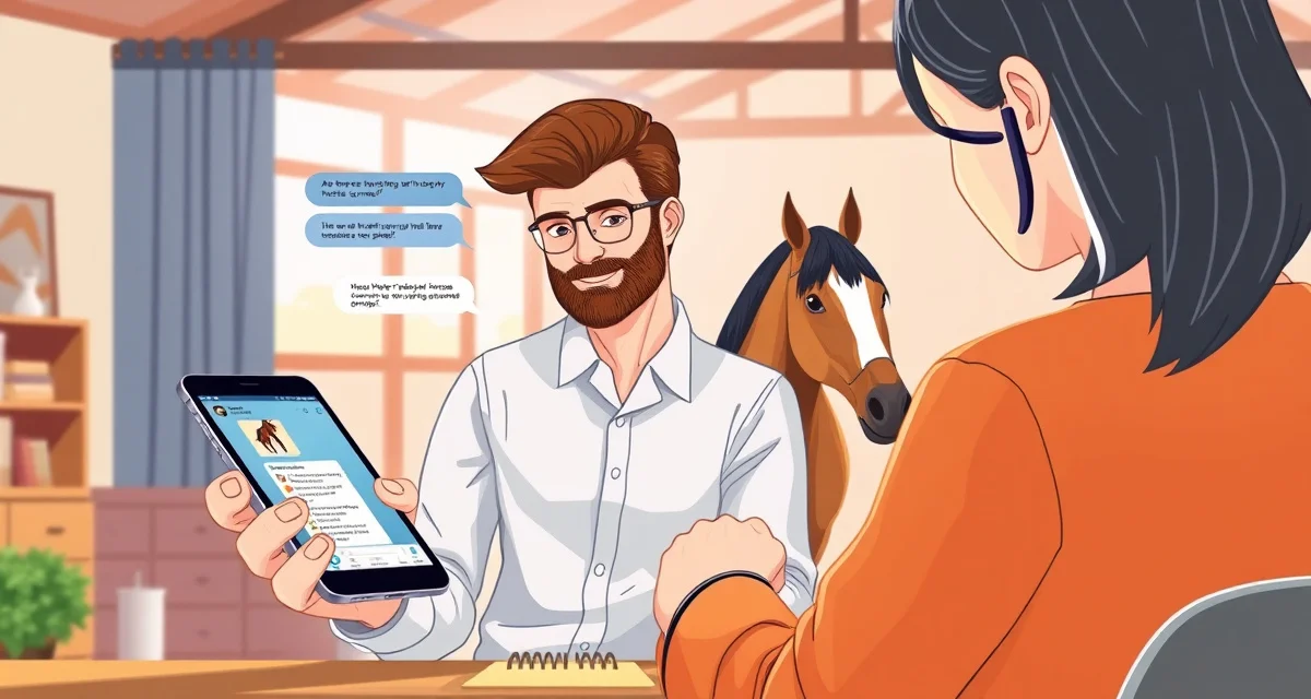 Horse barn manager using multiple communication tools including text messaging and email to connect with horse owners efficiently