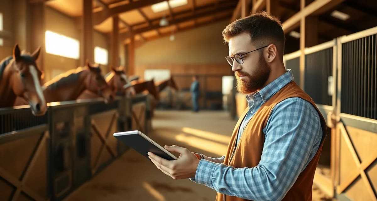Horse barn manager using stable management software to track boarder expectations and horse health data on tablet device
