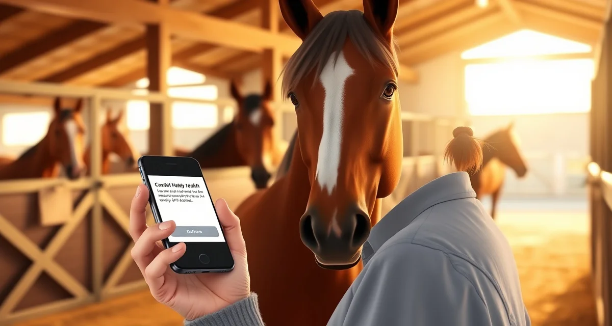 Horse barn owner receiving proactive health notifications on smartphone about their boarding horse's updates and care events.
