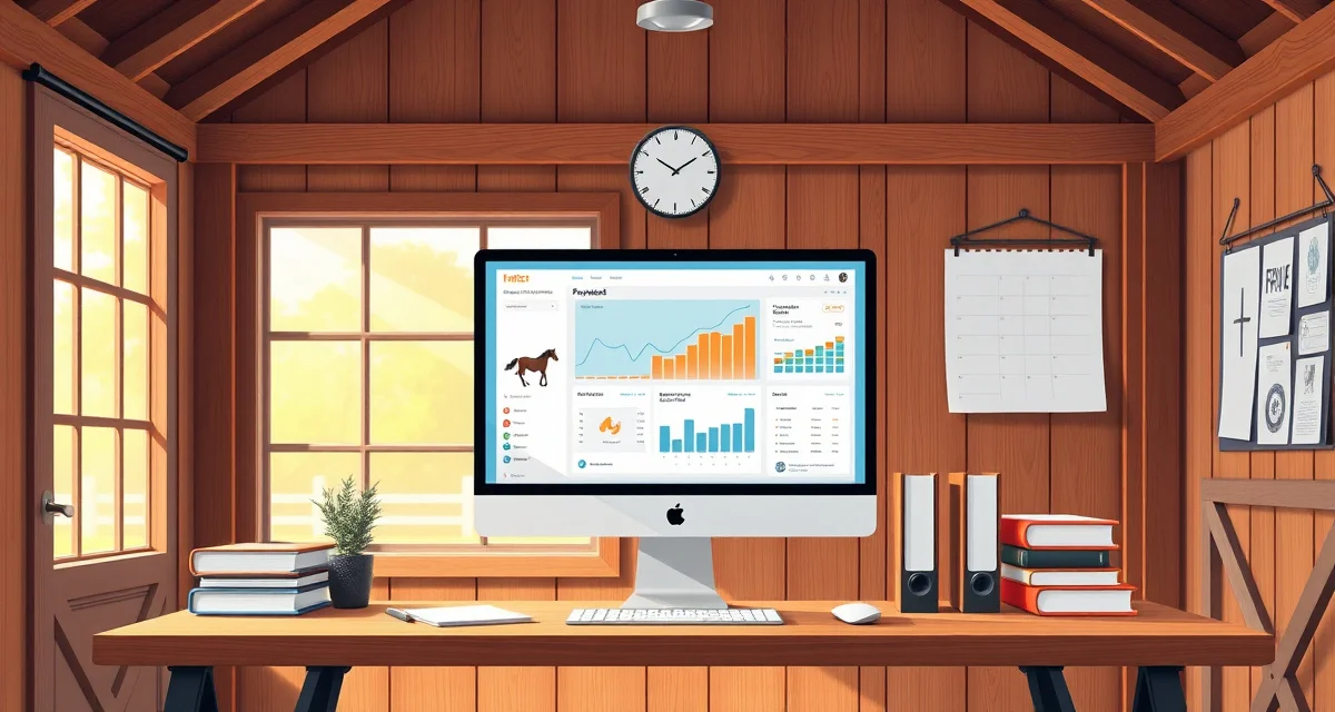 Digital payment reminder and late fee management system for horse barn stable operations displayed on computer dashboard