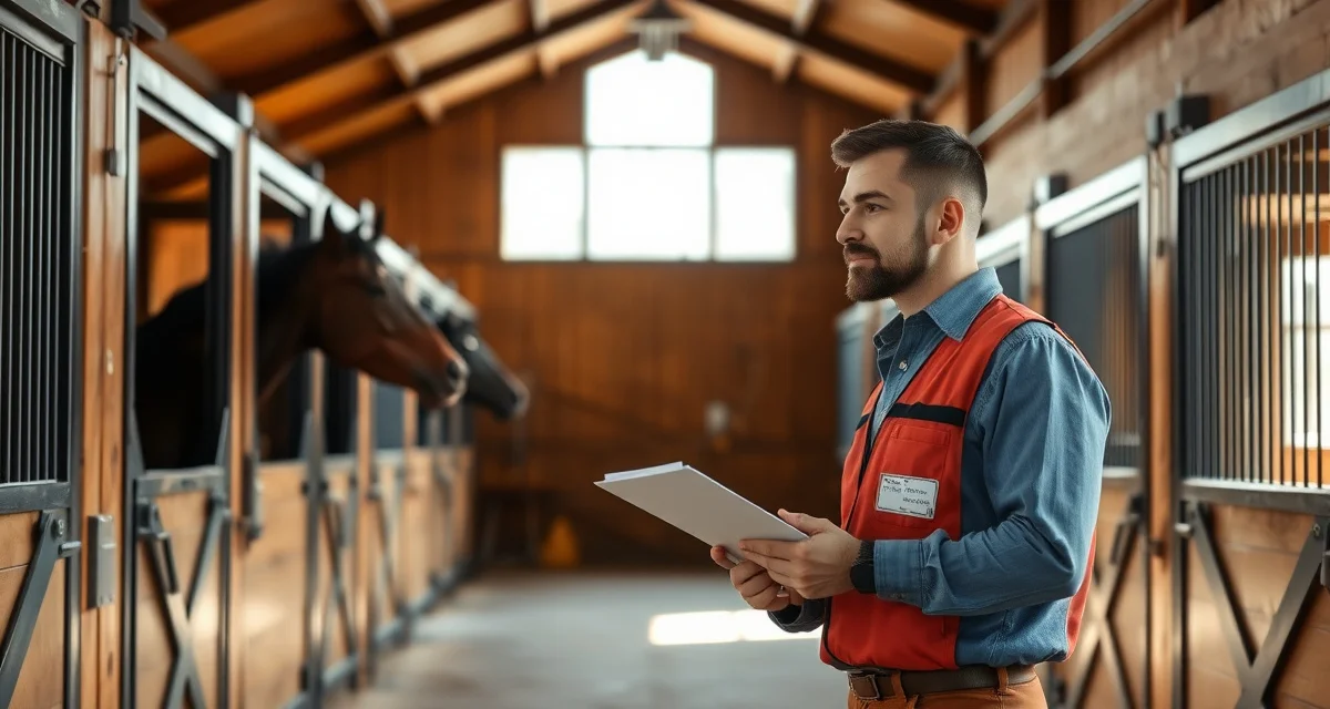 Barn manager performing horse barn safety inspection checklist on clipboard inside organized stable facility