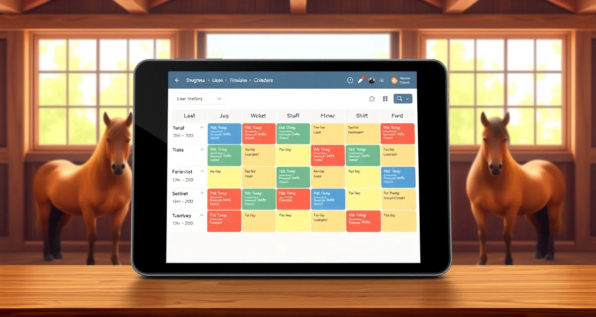 Horse barn scheduling software interface displaying coordinated staff shifts, vet appointments, farrier visits, and turnout rotations on digital calendar