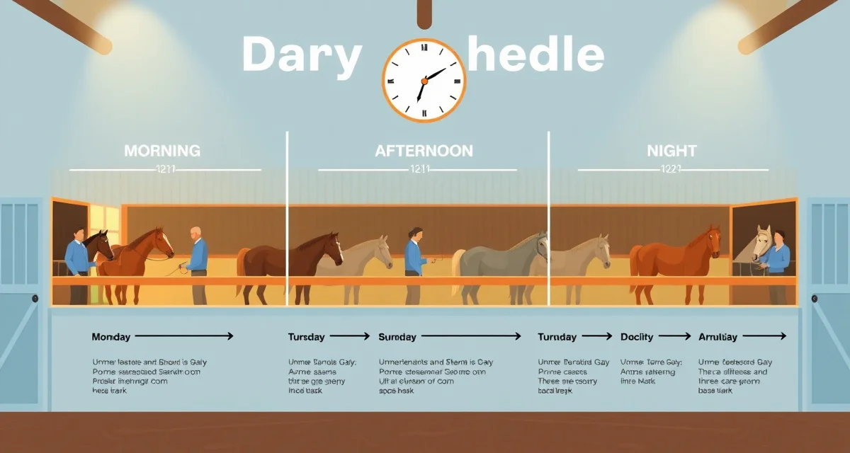 Visual guide to horse barn shift types including AM, PM, night and split shifts with staff-to-horse ratios