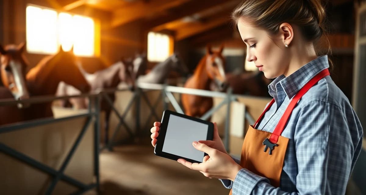 Barn manager using BarnBeacon horse barn software on tablet to manage feeding protocols and horse care schedules in a professional equine stable.