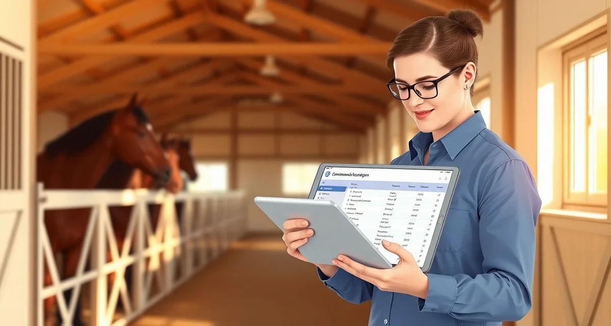 Horse barn manager using digital staff communication system to review shift logs and medication tracking on tablet in stable.