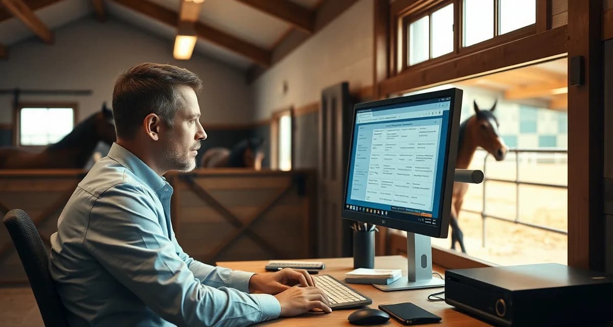 Barn manager configuring staff permission levels in horse stable management software on computer