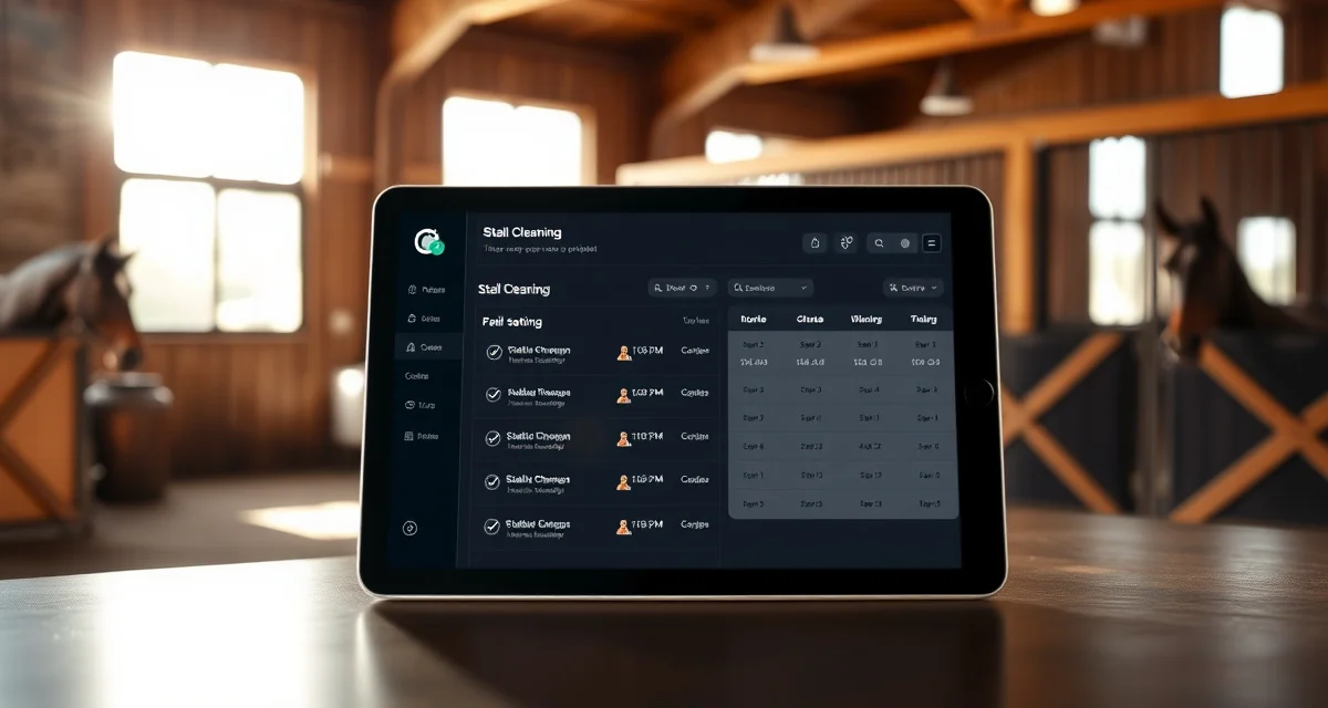 Digital stall cleaning accountability dashboard showing real-time staff sign-offs and inspection tracking for horse barn management