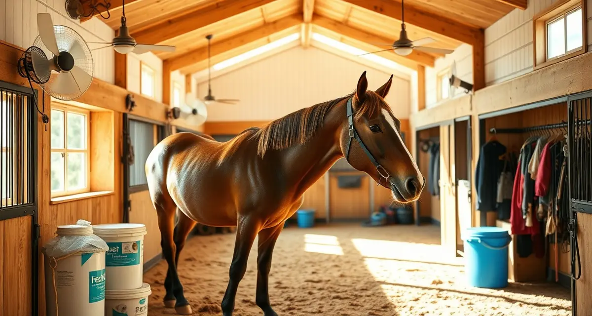 Horse barn interior with ventilation fans and water systems for summer heat stress management and fly control