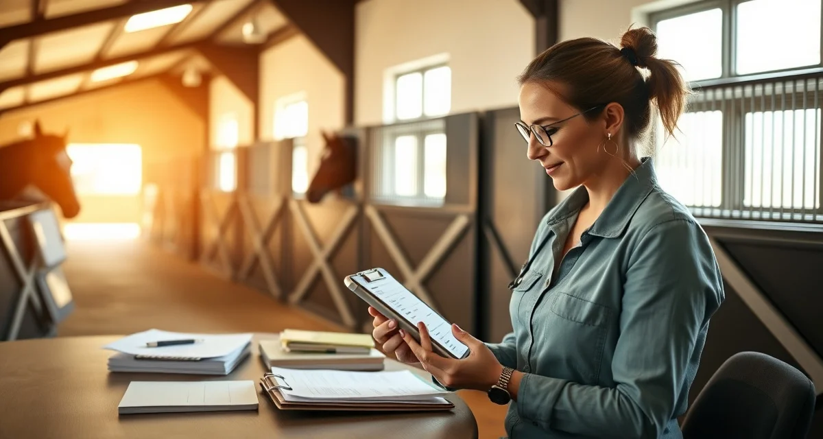 Barn manager using digital task management software to schedule daily horse care activities and staff assignments on tablet device