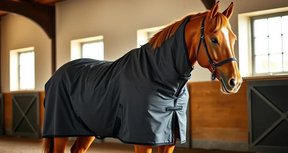 Properly fitted horse blanket on chestnut horse in barn setting showing correct sizing and coverage for winter management.