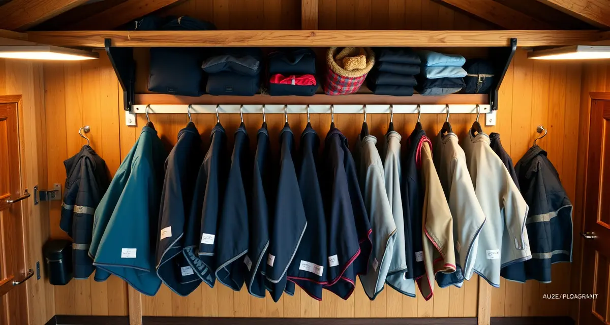 Organized horse blankets hanging on barn storage rack with color-coded labels for efficient blanket inventory management
