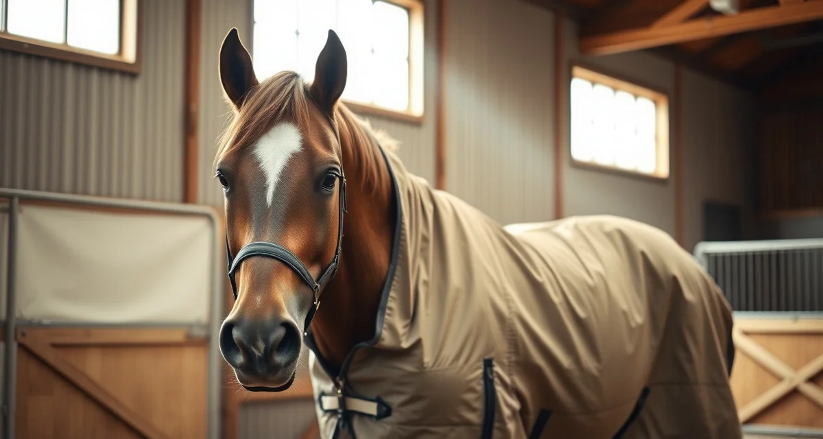Properly fitted horse blanket on a stabled horse, demonstrating correct blanketing practices for boarding barn management policies.