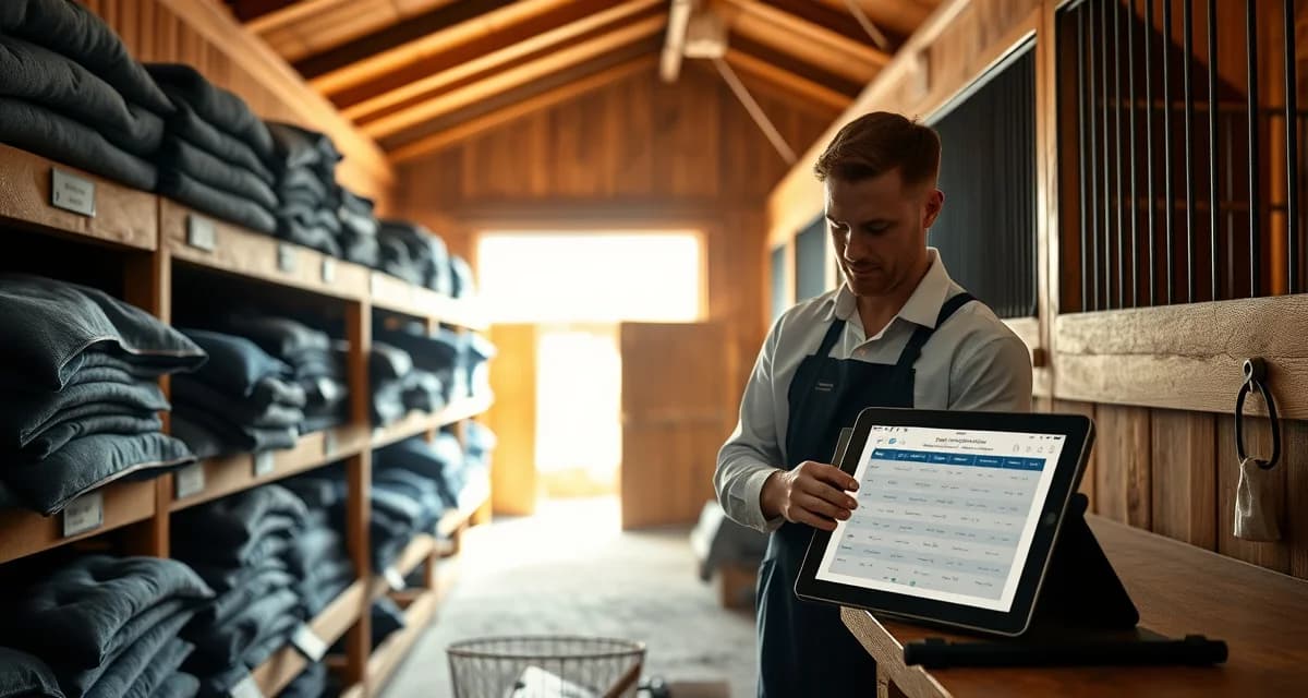 Organized horse blanket storage with rotation log system for stable barn management and temperature-based blanketing decisions.