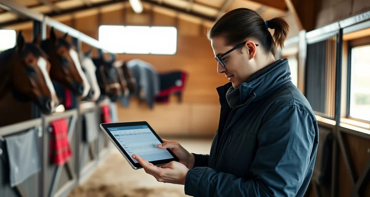 Barn manager using blanketing schedule software to organize horse blankets by individual needs and weather conditions