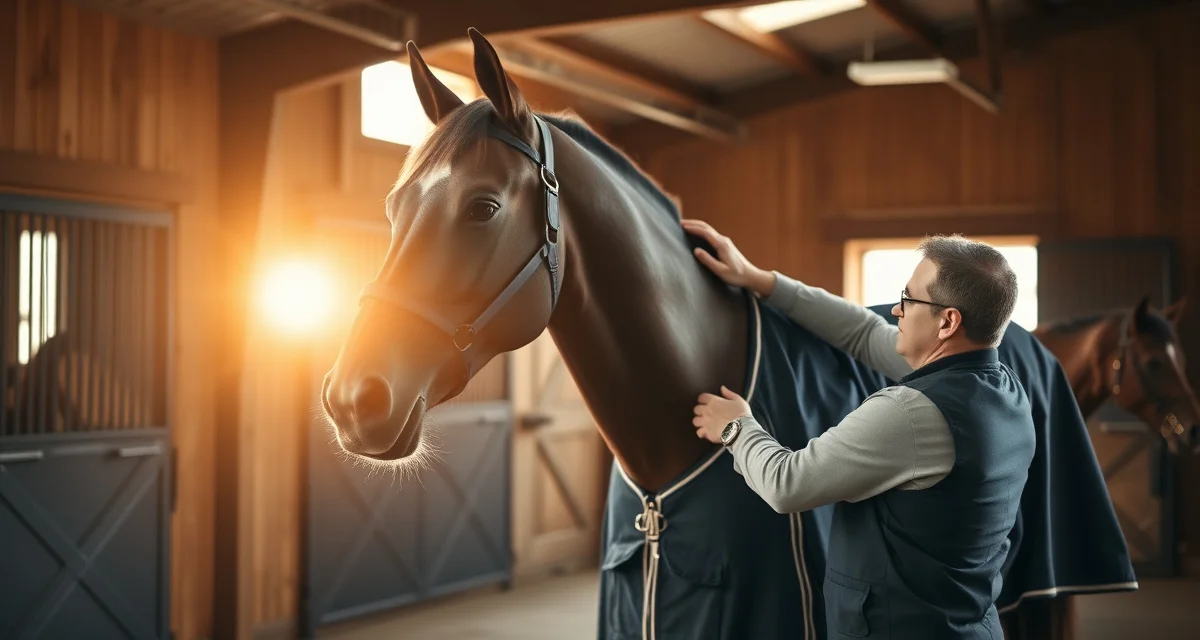 Barn manager adjusting horse blanket by temperature in stable setting, demonstrating proper blanketing technique for equine welfare