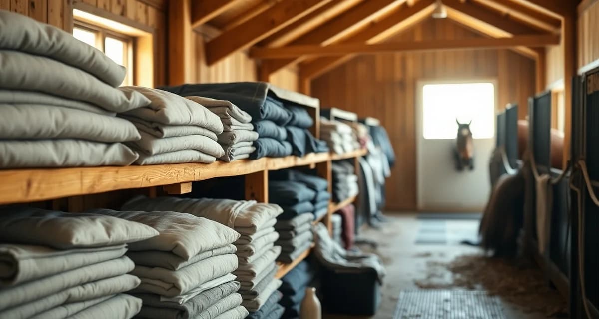 Organized stack of clean horse blankets on barn shelving displaying proper blanket washing and rotation system for boarding barn management