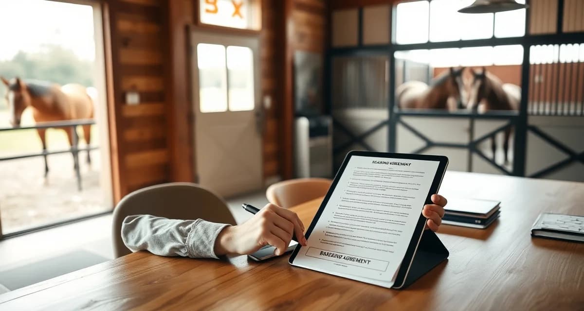 Barn manager reviewing a professional horse boarding agreement document with clear liability and contract terms