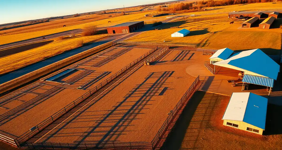 Professional horse boarding barn facility showing multiple paddocks, stable structures, and organized pasture layout for equestrian business operations.