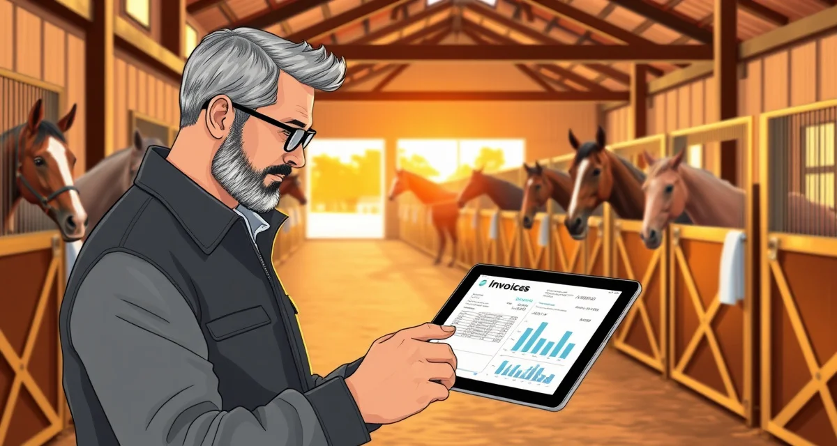 Horse boarding barn manager reviewing multi-horse billing invoices on tablet with accounting software interface displayed