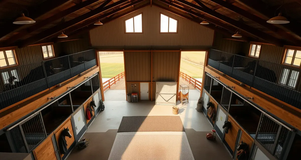 Modern horse barn with organized stalls and equipment storage for Iowa boarding business operations and farm management