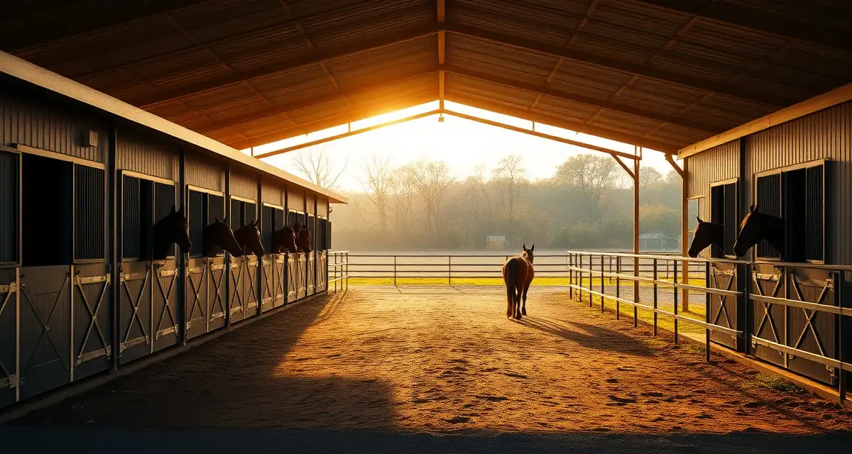 Modern horse boarding facility in Massachusetts with organized stalls, fencing, and horses in a well-managed barn setting
