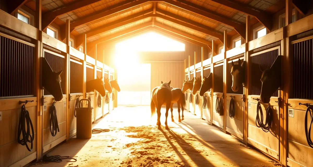 Well-maintained horse boarding barn facility in Minnesota with organized stalls and professional stable management setup
