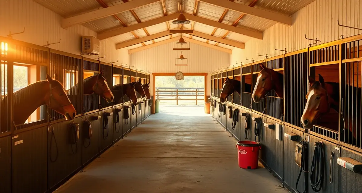 Modern horse boarding facility in Mississippi with organized stalls, professional barn management system, and healthy horses in well-maintained stable environment.