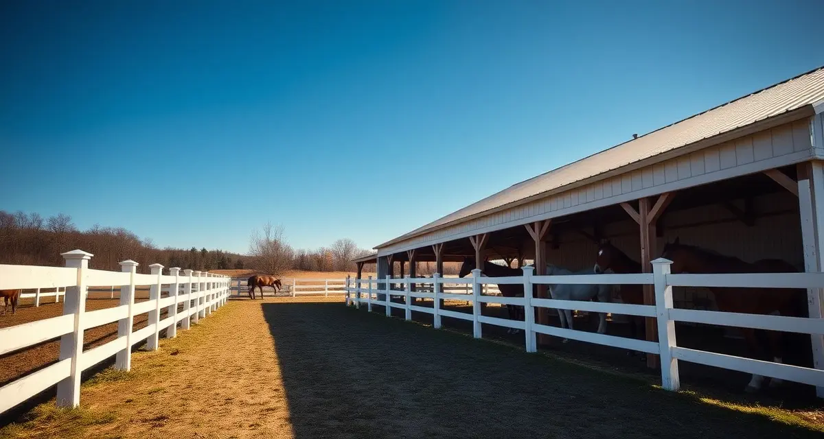 Professional horse boarding facility in New Hampshire with white fencing, paddocks, and healthy horses demonstrating successful barn management.