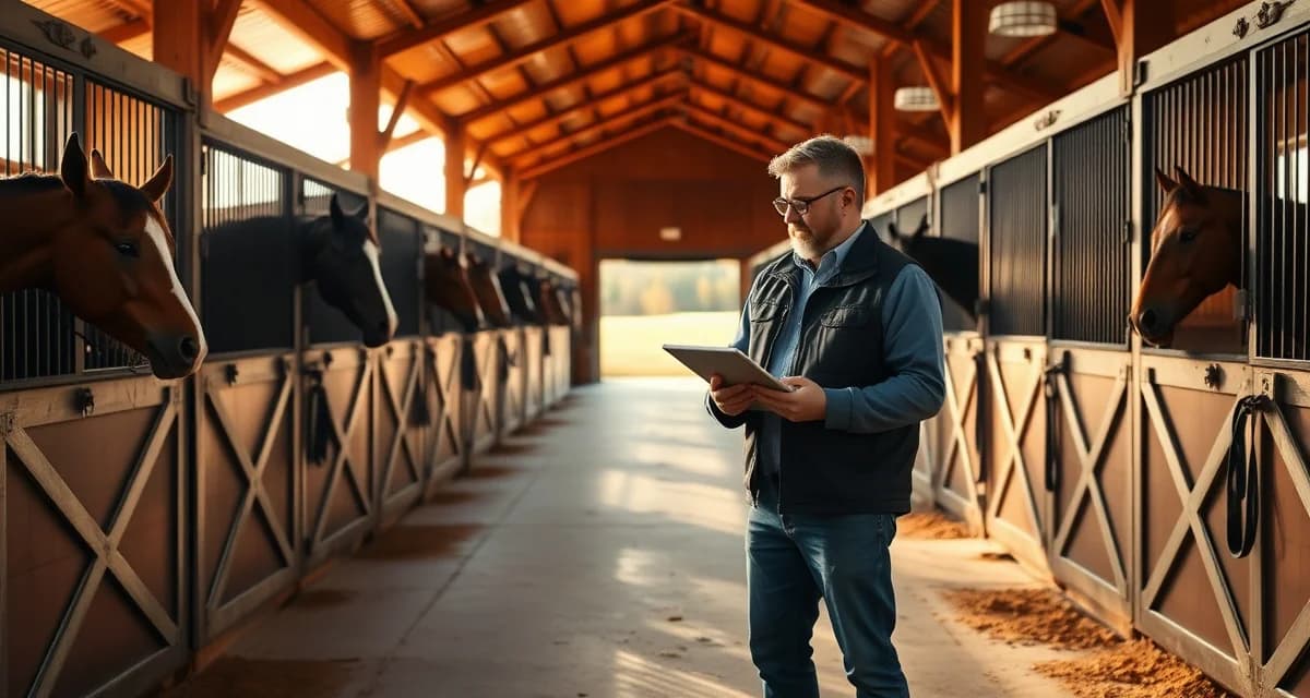 Professional horse barn owner managing boarding business operations in New York facility with digital management tools and organized stalls.