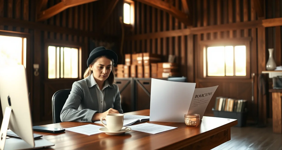 Professional horse boarding stable manager reviewing client onboarding contract and intake forms at desk in organized barn office