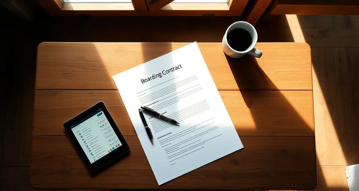 Professional boarding contract document displayed on desk with digital contract management tools for horse barn operations