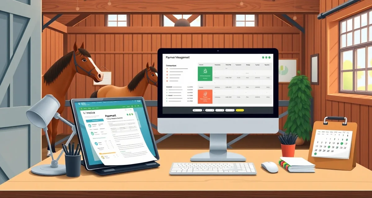 Horse boarding contract payment terms dashboard showing organized billing cycles, late fees structure, and multi-horse account management on computer screen.