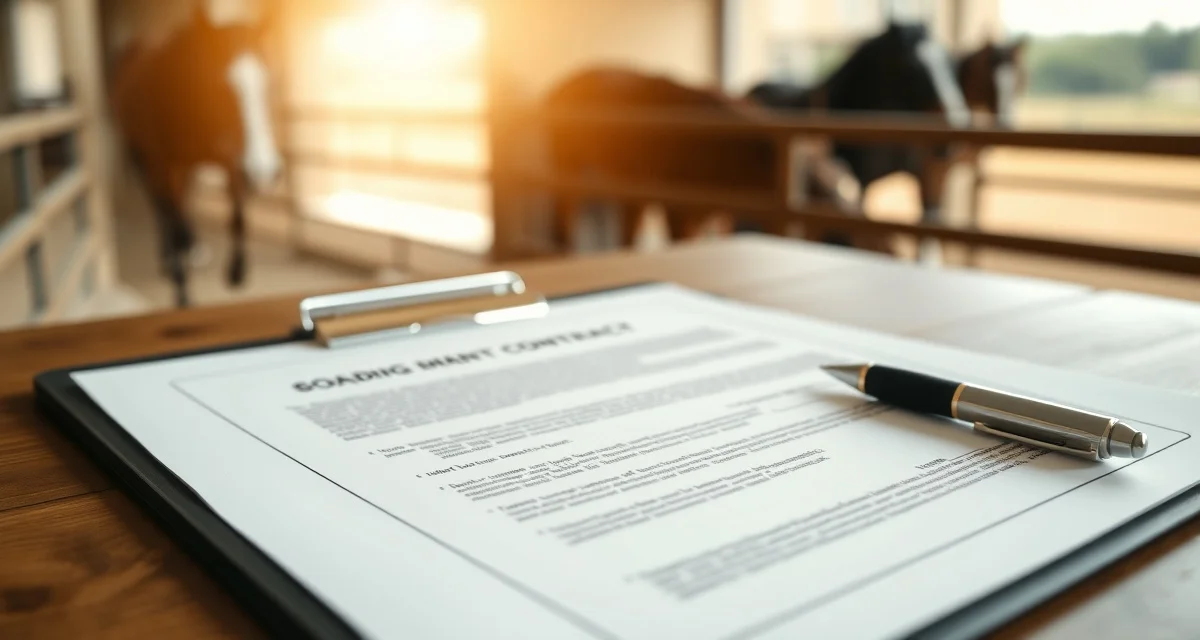Horse boarding contract template displayed on desk with pen, representing legal agreement between barn and horse owners.