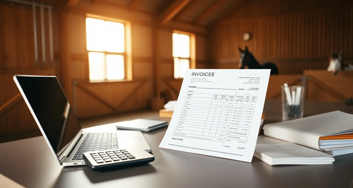 Organized horse boarding invoice with itemized line items displayed on a desk with calculator and barn management documents