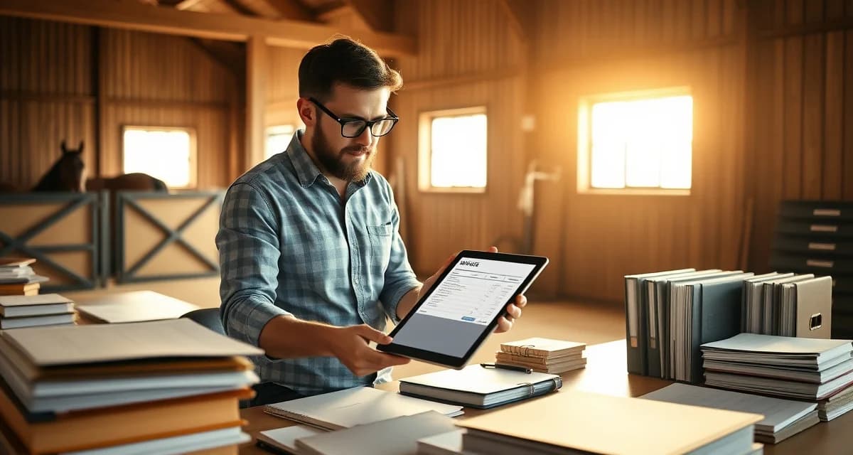 Horse boarding barn manager reviewing customizable invoice template on digital device in organized office workspace
