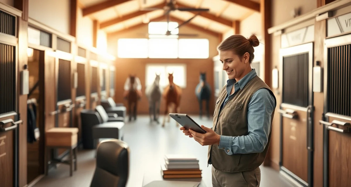 Modern horse barn interior showing organized stalls and staff managing daily boarding operations and facility management tasks.
