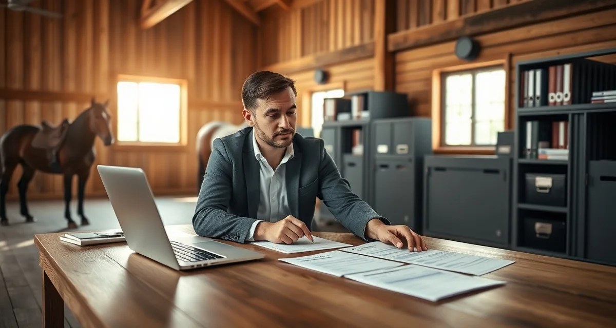 Barn manager reviewing monthly board statements for horse boarding facility clients on laptop and documents