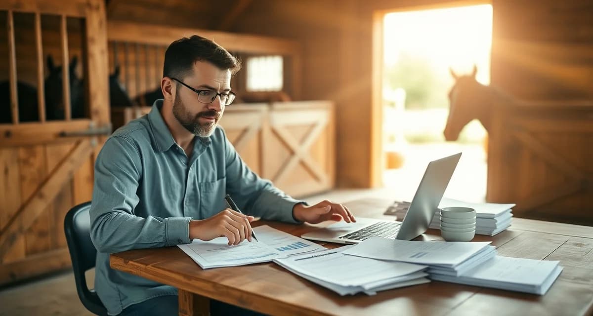 Barn manager analyzing horse boarding pricing rates and costs on computer to set competitive rates