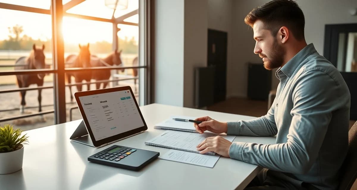 Barn manager calculating partial month boarding proration charges on tablet for horse stable billing