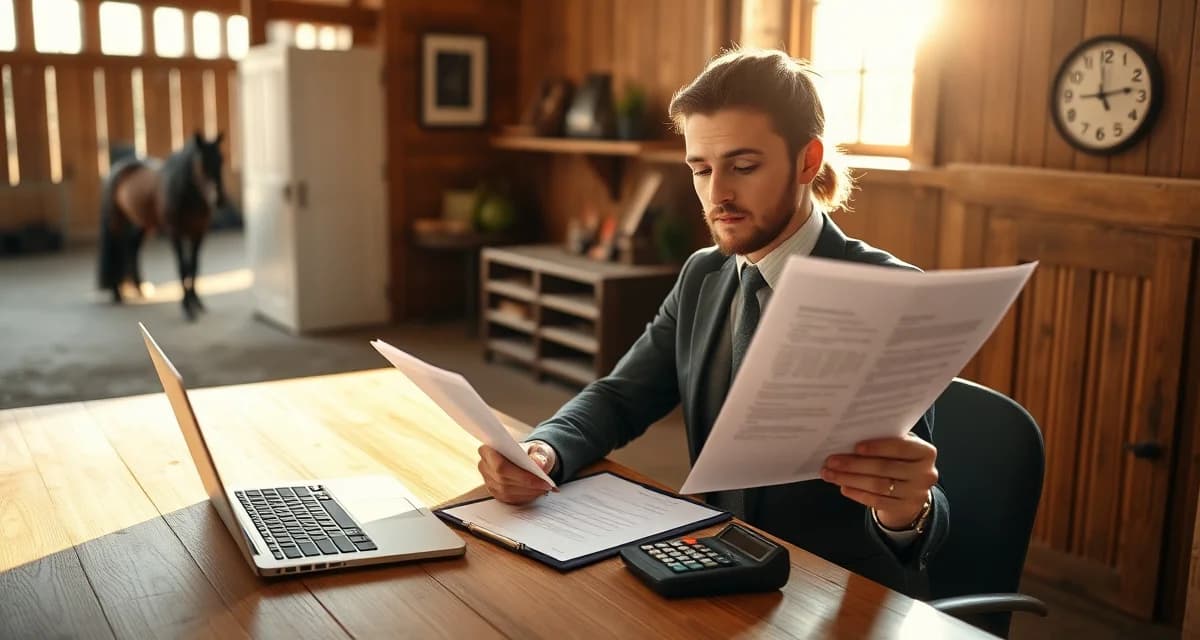Barn manager calculating horse boarding rate increases with financial documents and laptop at desk