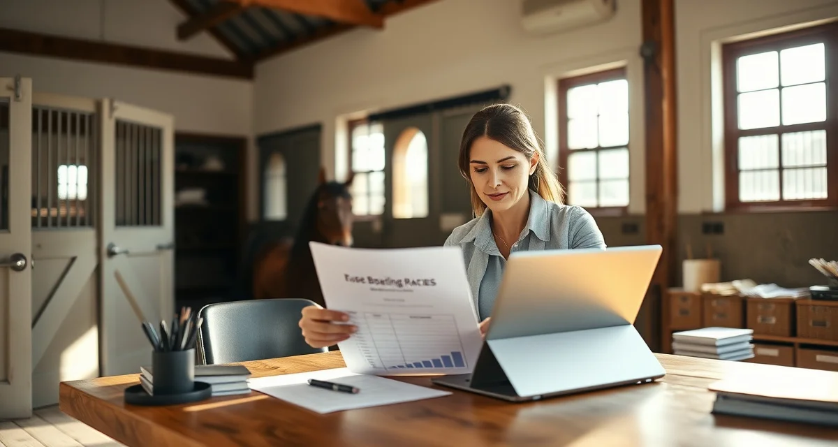 Farm manager reviewing boarding rate management spreadsheet at desk in horse barn office setting